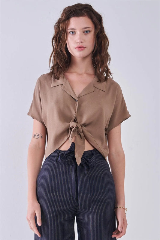 Taupe Collared Short Sleeve Self-Tie Front Cropped Top /3-2-1 - Tasha Apparel Wholesale