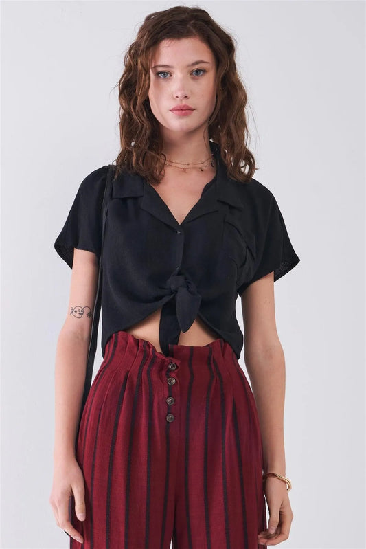 Black Collared Short Sleeve Self-Tie Front Cropped Top /3-2-1 - Tasha Apparel Wholesale