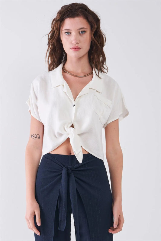 White Collared Short Sleeve Self-Tie Front Cropped Top /3-2-1 - Tasha Apparel Wholesale