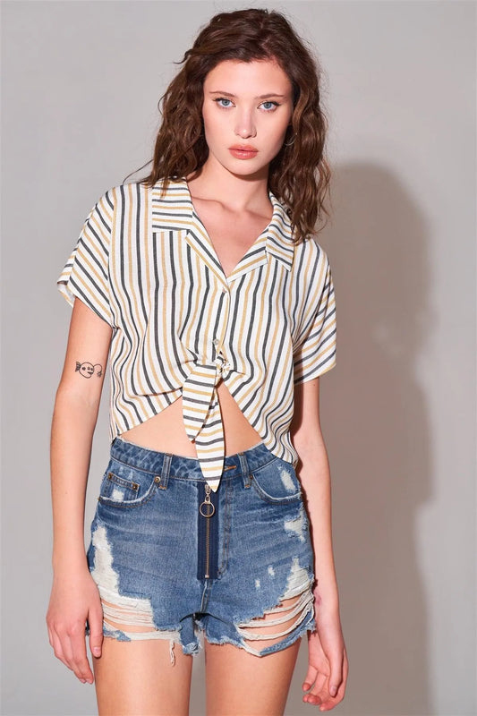 Ivory & Mustard Striped Collared Short Sleeve Self-Tie Front Cropped Top /3-2-1 - Tasha Apparel Wholesale
