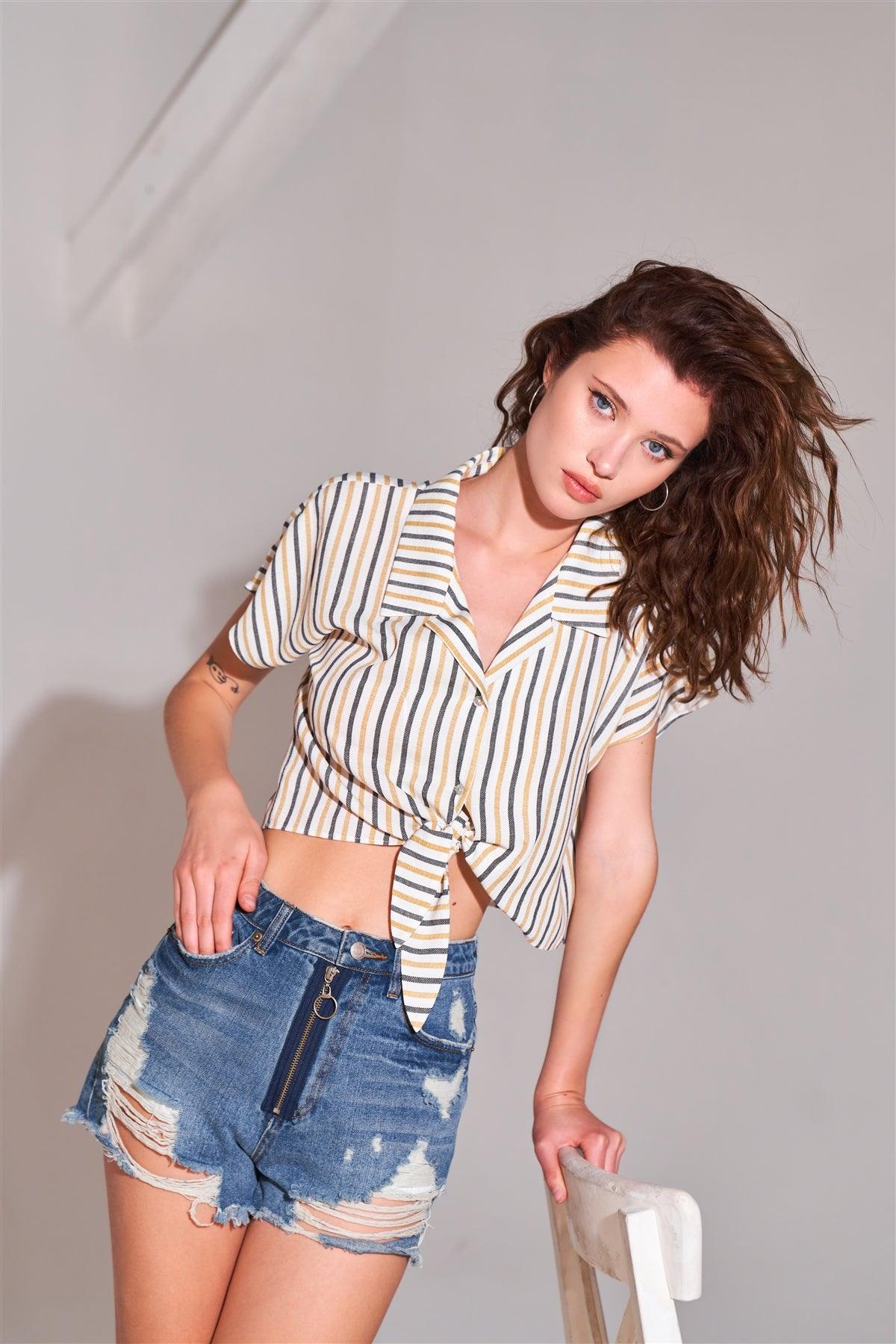 Ivory & Mustard Striped Collared Short Sleeve Self-Tie Front Cropped Top /1-3-2