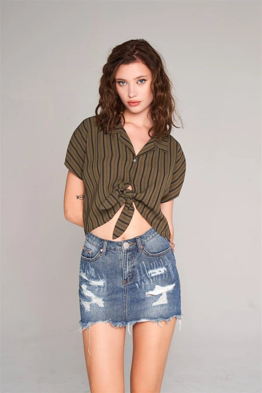 Olive & Black Striped Collared Short Sleeve Self-Tie Front Cropped Top /3-2-1 - Tasha Apparel Wholesale