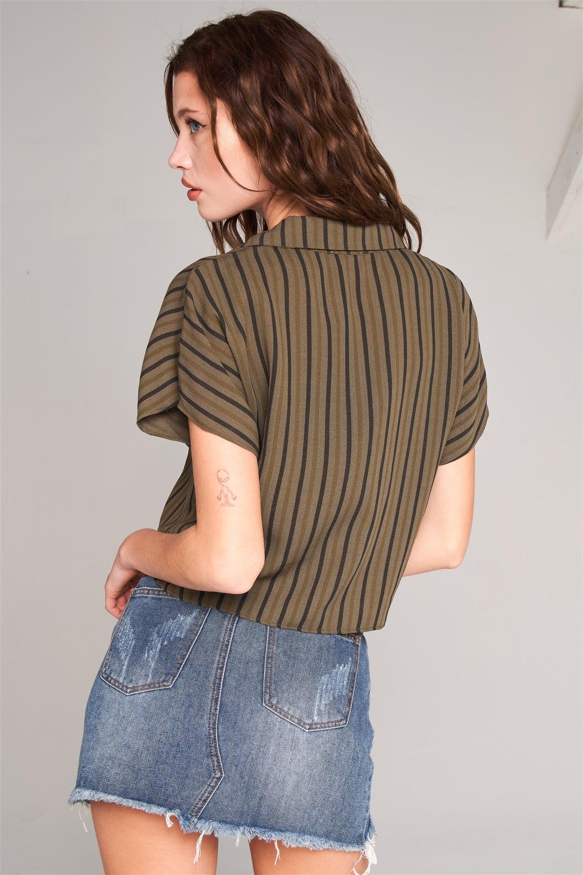 Olive & Black Striped Collared Short Sleeve Self-Tie Front Cropped Top /3-2-1