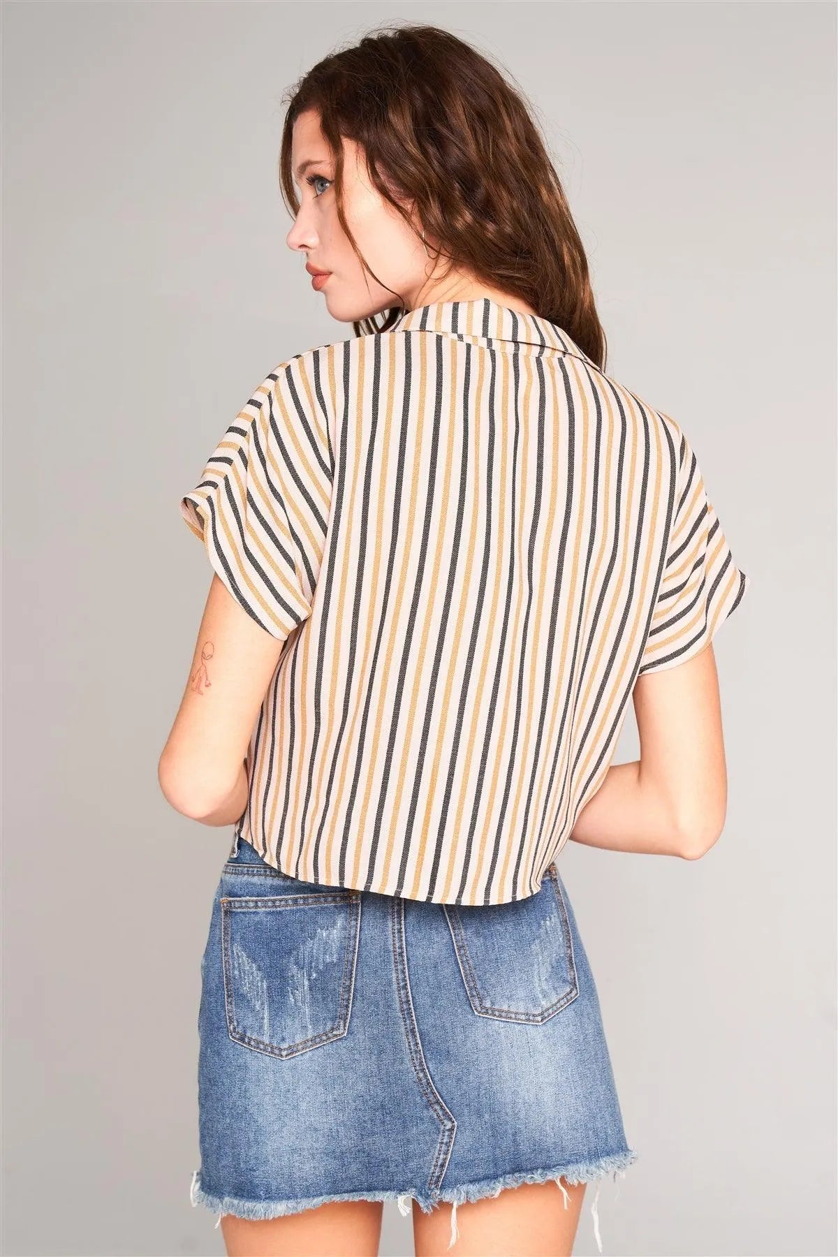 Taupe & Mustard Striped Collared Short Sleeve Self-Tie Front Cropped Top - Tasha Apparel Wholesale