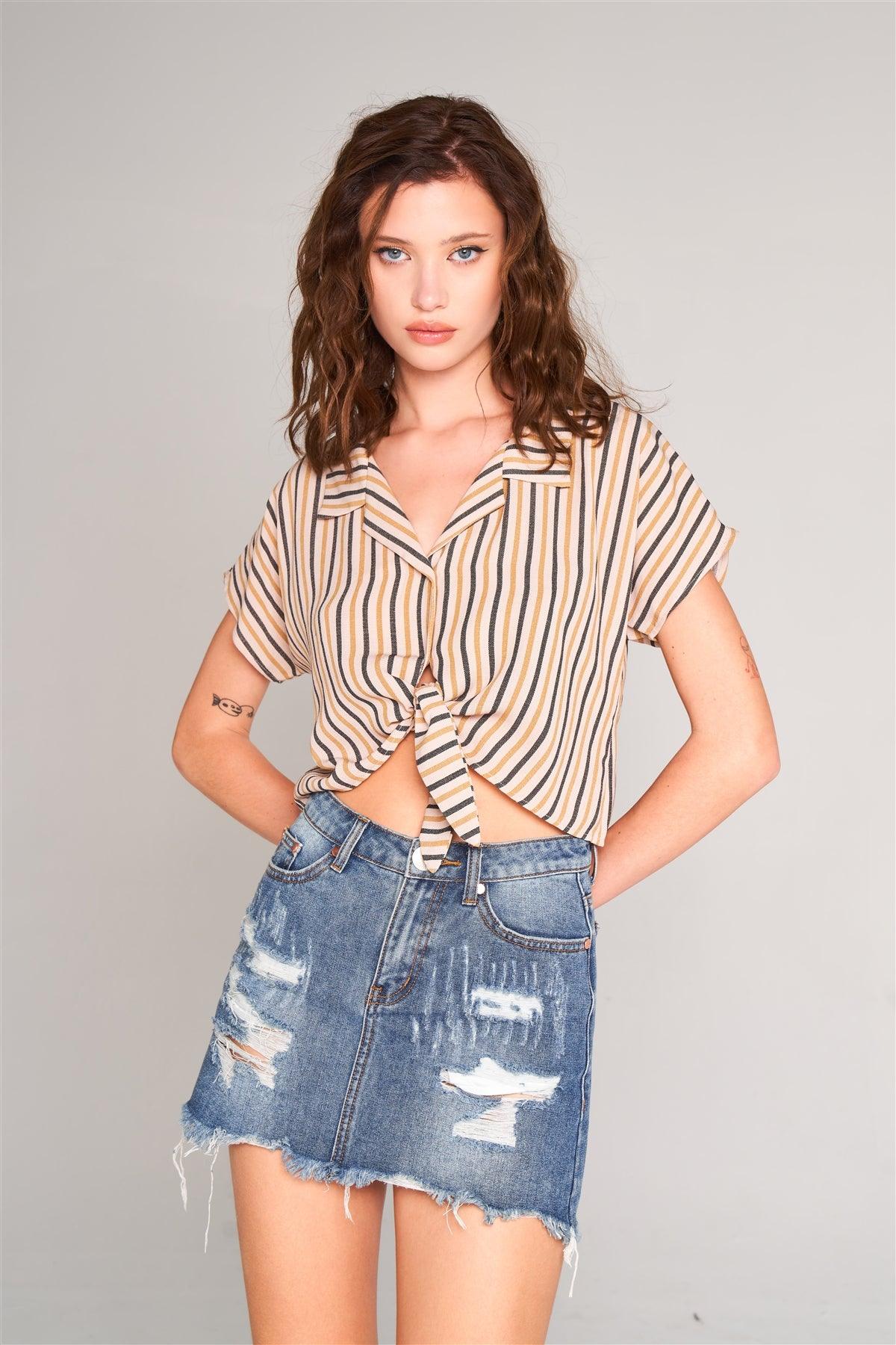 Taupe & Mustard Striped Collared Short Sleeve Self-Tie Front Cropped Top