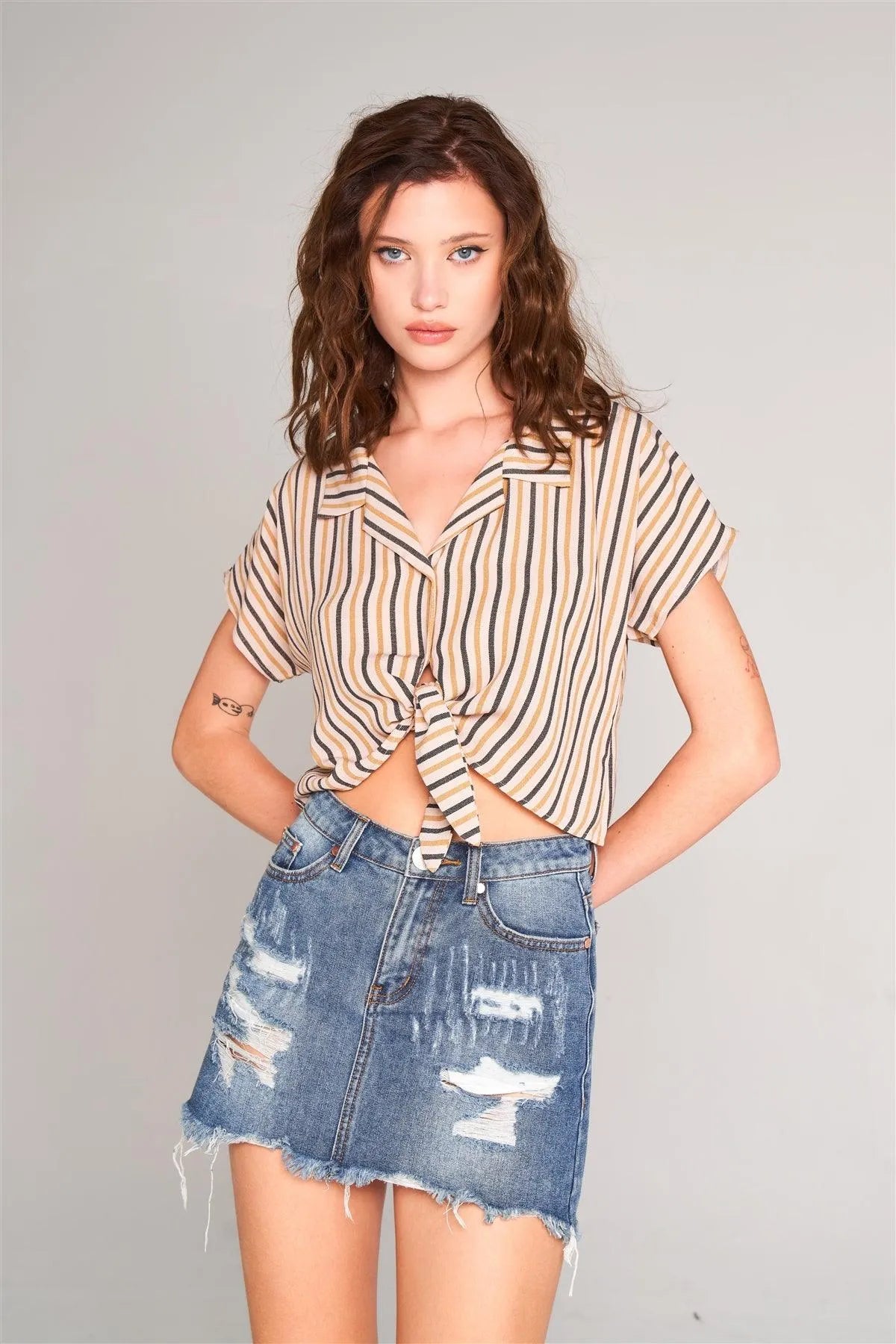 Taupe & Mustard Striped Collared Short Sleeve Self-Tie Front Cropped Top - Tasha Apparel Wholesale