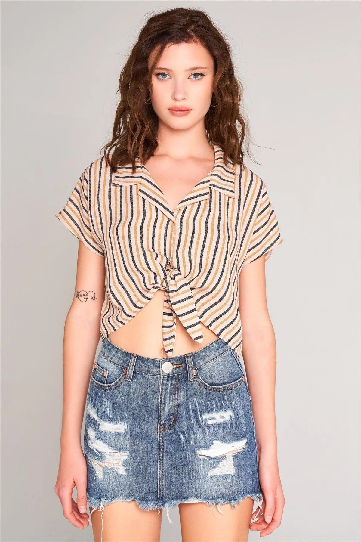 Taupe & Mustard Striped Collared Short Sleeve Self-Tie Front Cropped Top - Tasha Apparel Wholesale