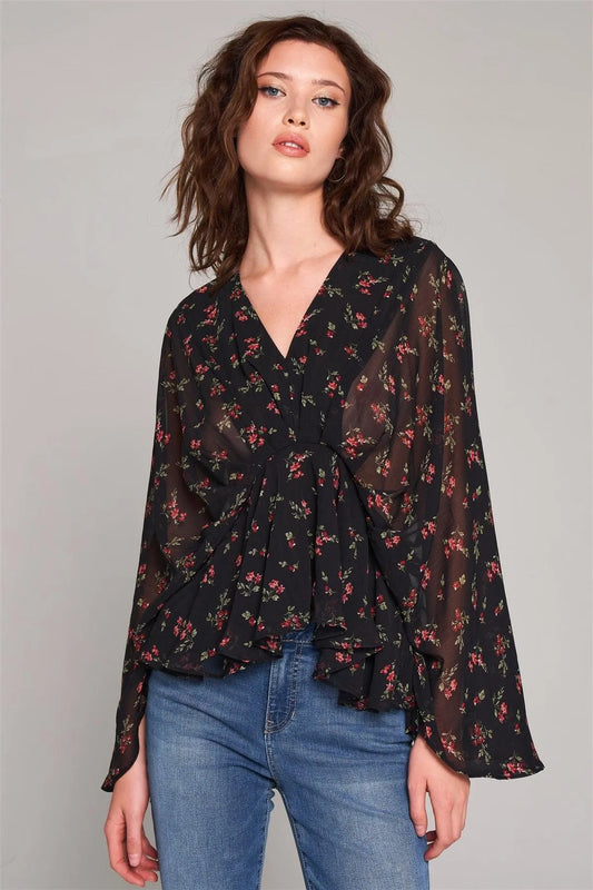 Black Floral Print V-Neck Angel Sleeve Gathered Waist Detail Blouse /3-2-1 - Tasha Apparel Wholesale