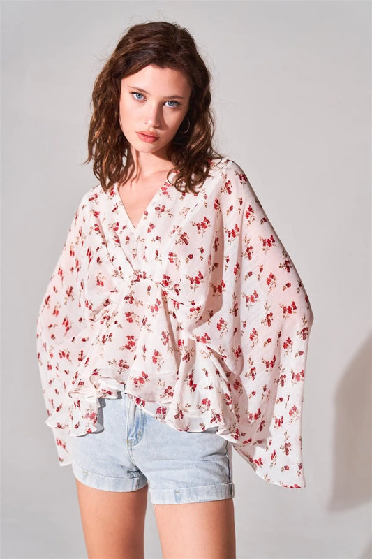 Ivory Floral Print V-Neck Angel Sleeve Gathered Waist Detail Blouse /3-2-1 - Tasha Apparel Wholesale