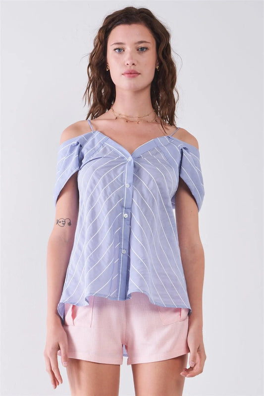 Light-Blue Striped V-Neck Off-The-Shoulder Short Sleeve Front Button Down Loose Fit Top /3-2 - Tasha Apparel Wholesale