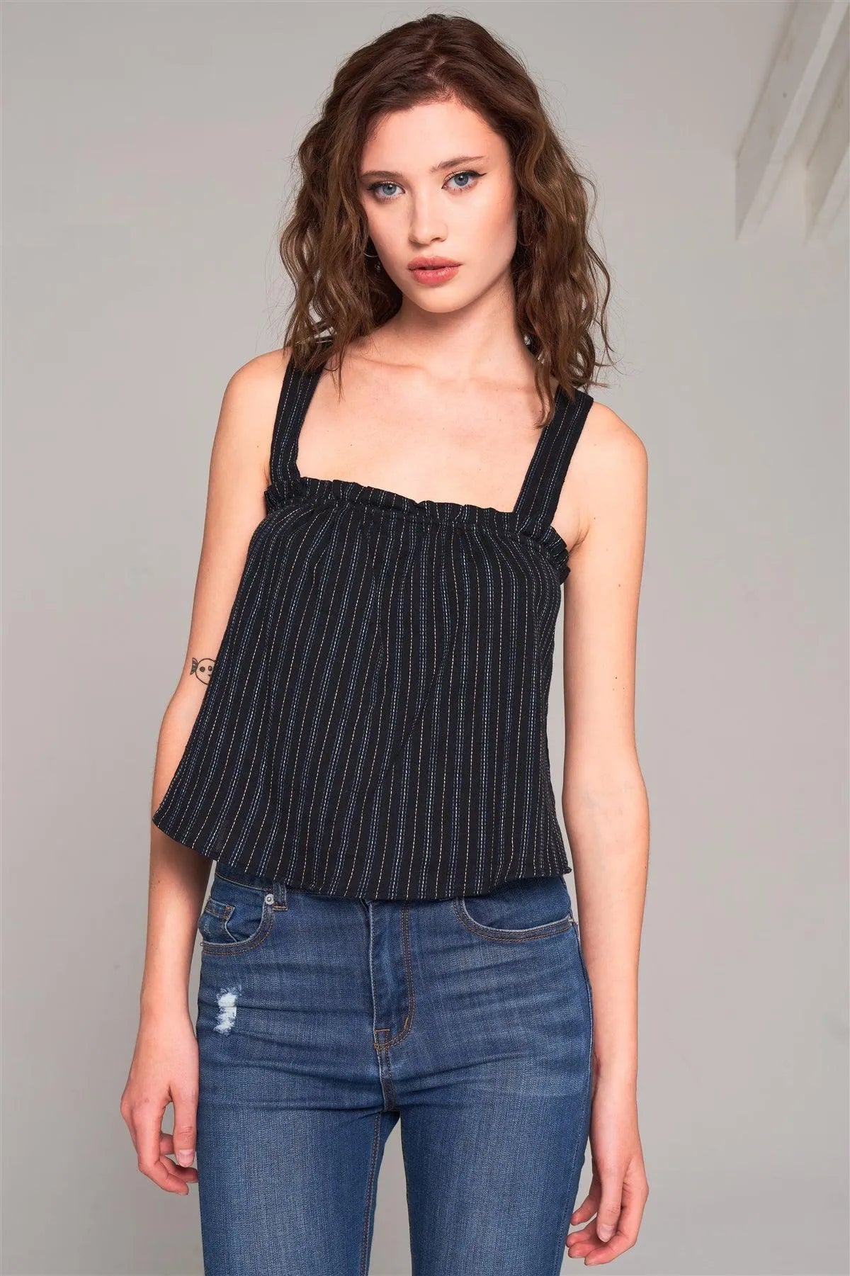 Black Stripped Sleeveless Square Neck Criss-Cross Back Detail Frill Apron Top /2-2-1 - Tasha Apparel Wholesale