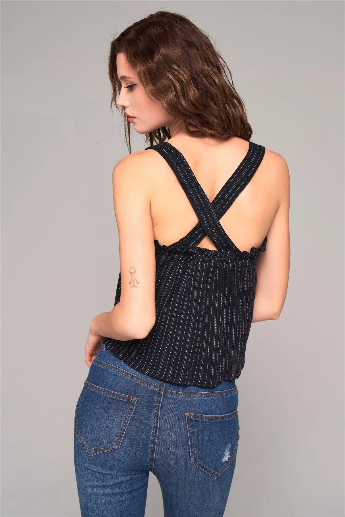 Black Stripped Sleeveless Square Neck Criss-Cross Back Detail Frill Apron Top /2-2-1 - Tasha Apparel Wholesale