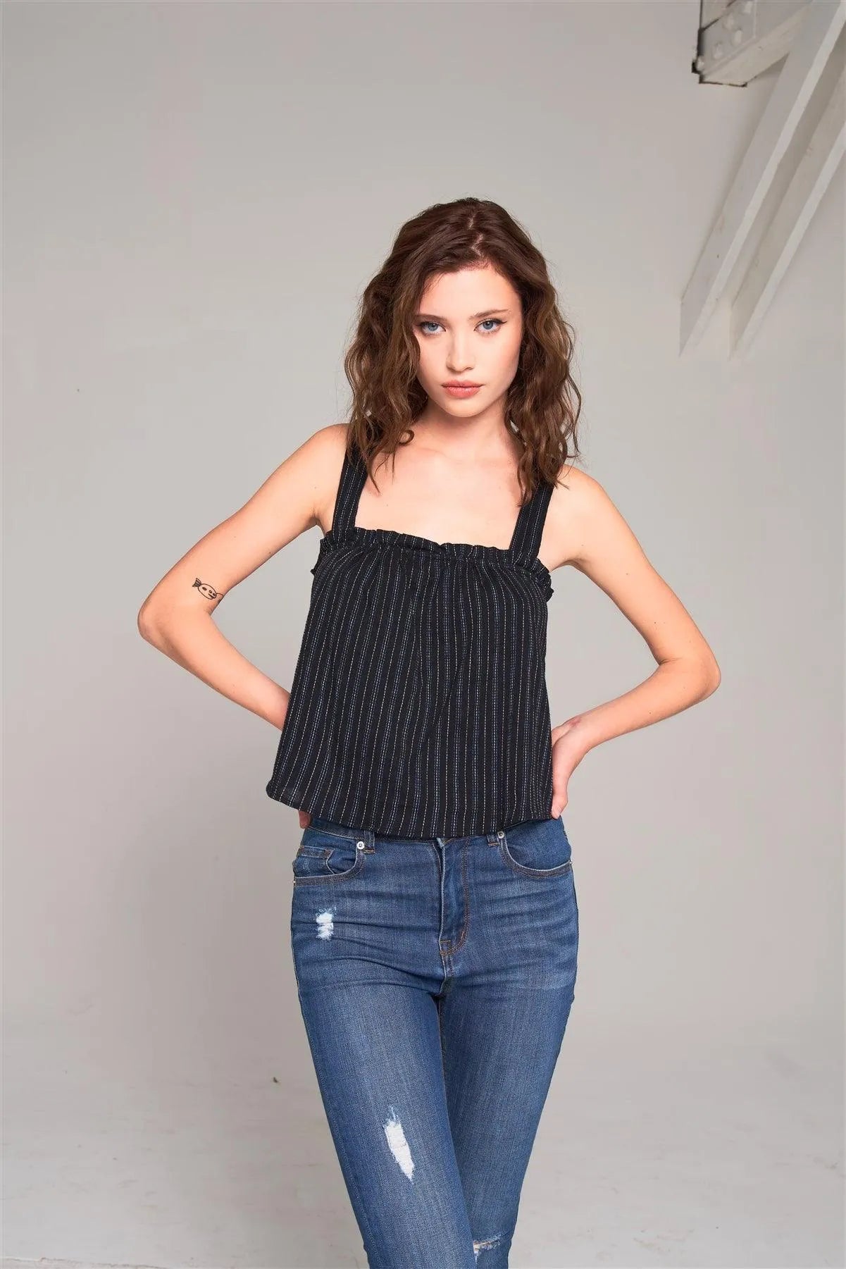 Black Stripped Sleeveless Square Neck Criss-Cross Back Detail Frill Apron Top /2-2-1 - Tasha Apparel Wholesale