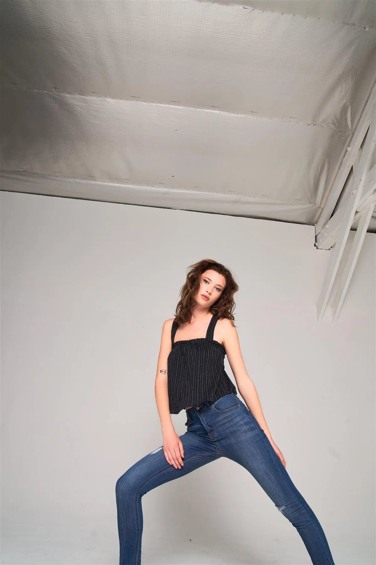 Black Stripped Sleeveless Square Neck Criss-Cross Back Detail Frill Apron Top /2-2-1 - Tasha Apparel Wholesale