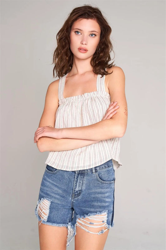 Cream Stripped Sleeveless Square Neck Criss-Cross Back Detail Frill Apron Top /3-2-1 - Tasha Apparel Wholesale