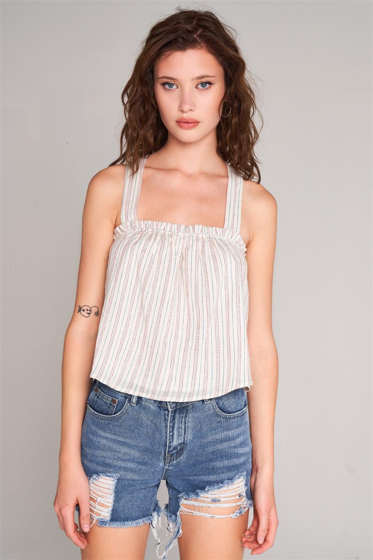 Cream Stripped Sleeveless Square Neck Criss-Cross Back Detail Frill Apron Top /3-2-1