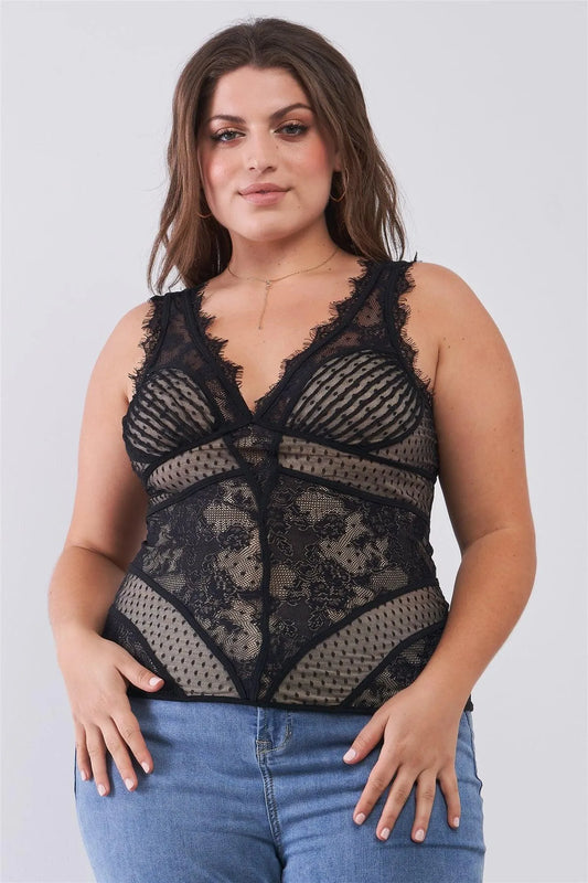 Junior Plus Size Nude & Black Sleeveless Polka Dot Pattern Lace Mesh Corseted Top /2-2-2 - Tasha Apparel Wholesale