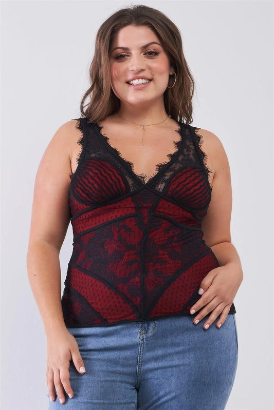 Junior Plus Size Red & Black Sleeveless Polka Dot Pattern Lace Mesh Corseted Top - Tasha Apparel Wholesale