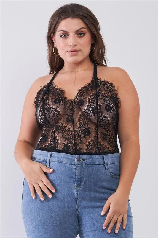 Junior Plus Size Black Sheer Lace Sleeveless V-Neck Criss-Cross Back Strap Unlined Bodysuit /2-1-3 - Tasha Apparel Wholesale