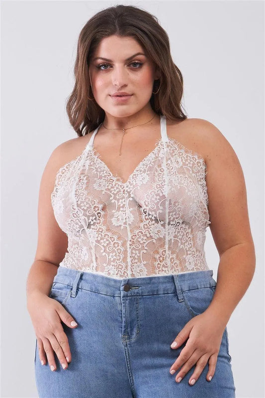 Junior Plus Size White Sheer Lace Sleeveless V-Neck Criss-Cross Back Strap Unlined Bodysuit /2-2-2 - Tasha Apparel Wholesale