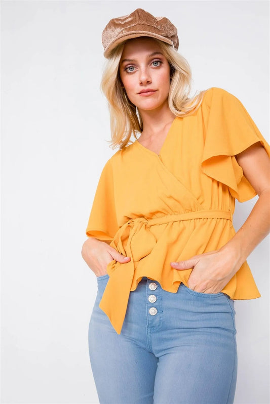 Mustard V-Neck Short Flounce Sleeve Chic Blouse /2-2-2 - Tasha Apparel Wholesale