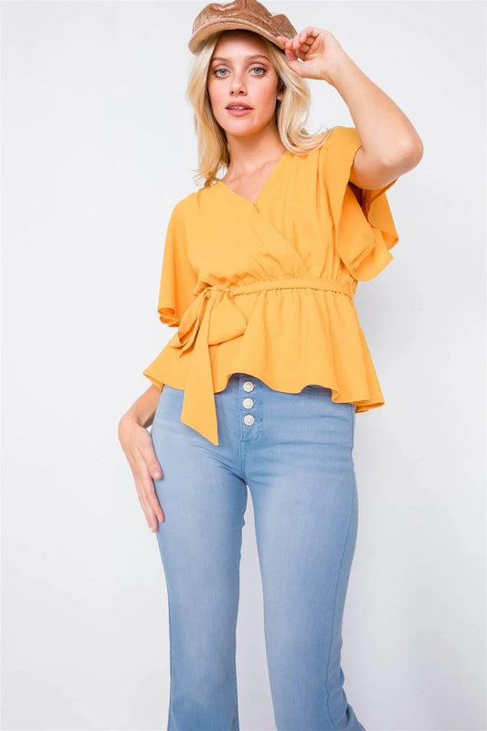 Mustard V-Neck Short Flounce Sleeve Chic Blouse /1-3-2 - Tasha Apparel Wholesale