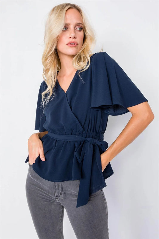 Navy V-Neck Short Flounce Sleeve Chic Blouse /2-2-2 - Tasha Apparel Wholesale