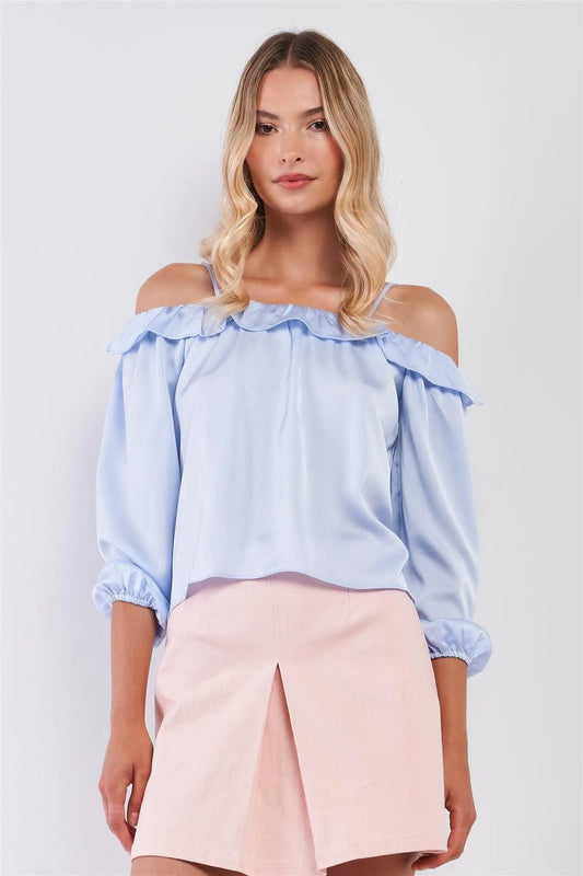 Ice-Blue Satin Off-The-Shoulder Ruffle Midi Balloon Sleeve Relaxed Fit Top /3-2-1 - Tasha Apparel Wholesale