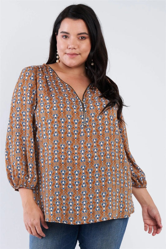 Navy Mustard Multi Print Woven Plus Size Top /2-1-2 - Tasha Apparel Wholesale