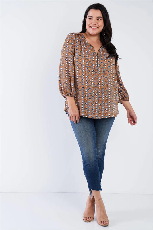 Navy Mustard Multi Print Woven Plus Size Top /2-2-2 - Tasha Apparel Wholesale