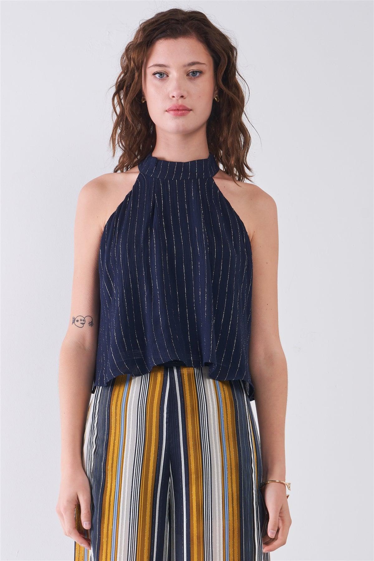 Navy Blue & Silver Weave Striped Halter Neck Sleeveless Loose Fit Top /2-2
