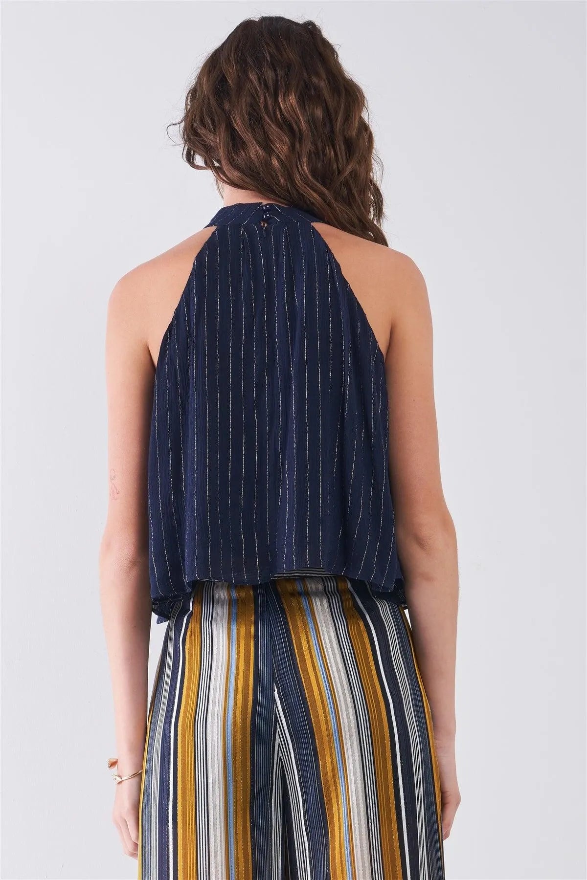 Navy Blue & Silver Weave Striped Halter Neck Sleeveless Loose Fit Top /3-2-1 - Tasha Apparel Wholesale