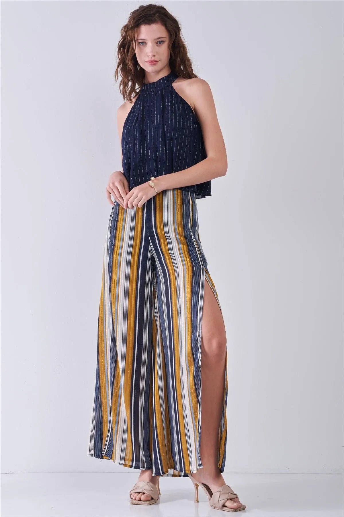 Navy Blue & Silver Weave Striped Halter Neck Sleeveless Loose Fit Top /3-2-1 - Tasha Apparel Wholesale