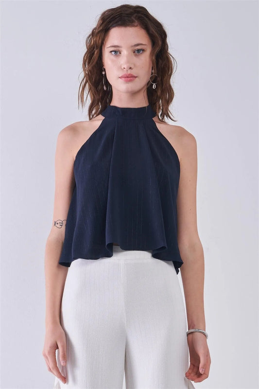 Navy Halter Neck Sleeveless Loose Fit Top /3-2-1 - Tasha Apparel Wholesale