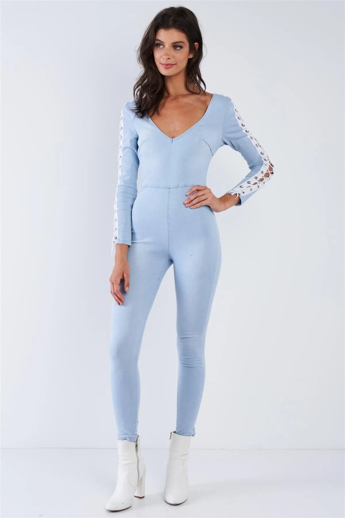 Light Blue Long Sleeved White Side Seam Lace Up V-Neck Sexy Denim Jumpsuit /1-3-2 - Tasha Apparel Wholesale