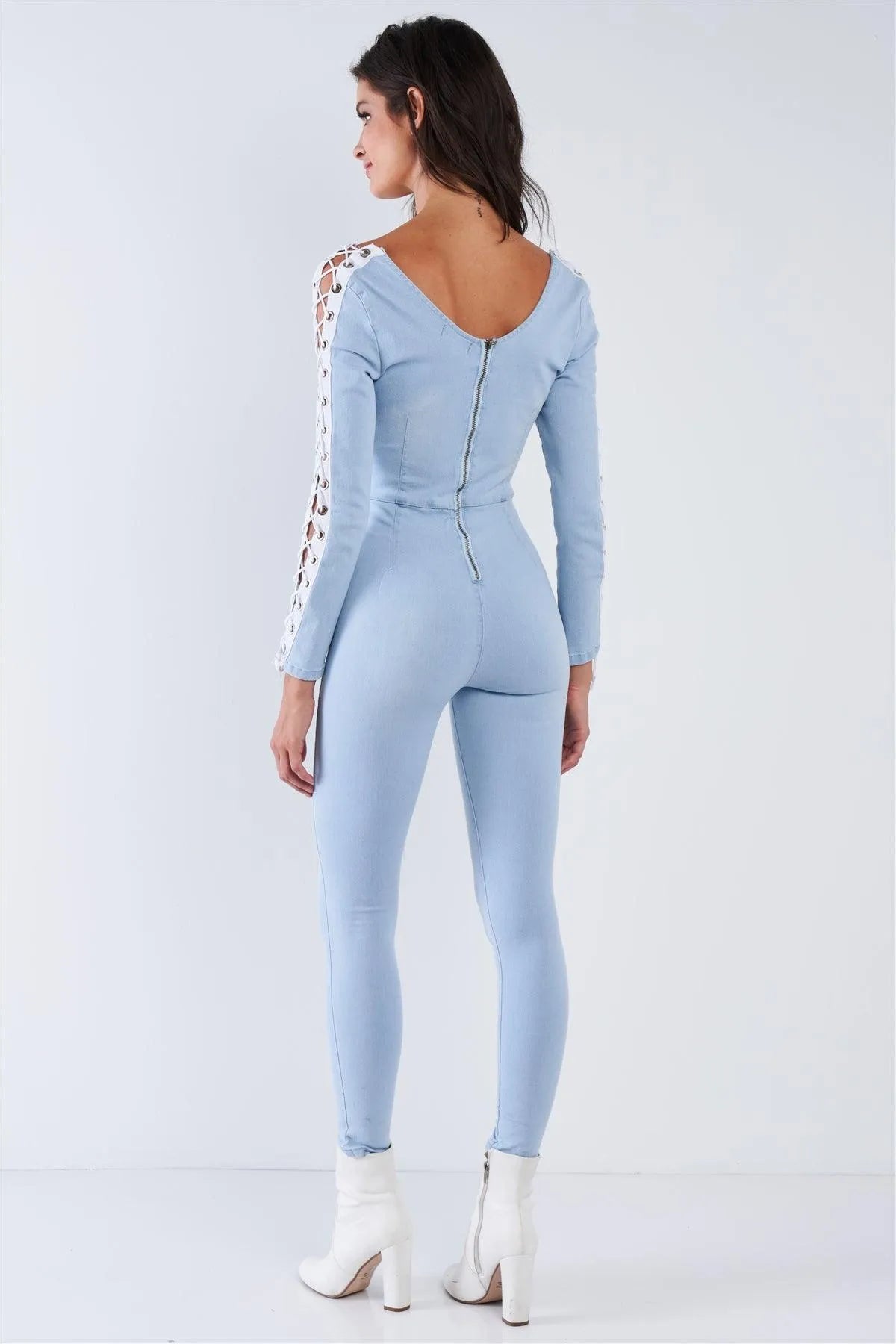 Light Blue Long Sleeved White Side Seam Lace Up V-Neck Sexy Denim Jumpsuit /1-3-2 - Tasha Apparel Wholesale
