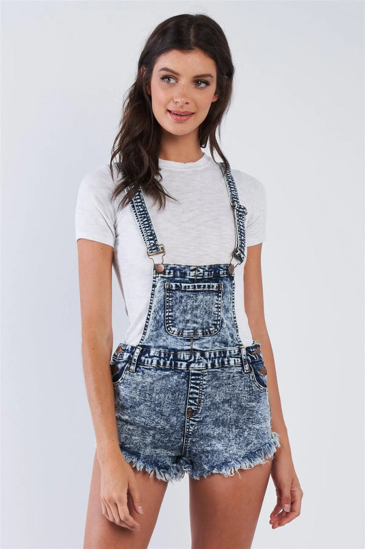 Denim Acid Washed 100% Cotton Fringed Short Overall - Tasha Apparel Wholesale