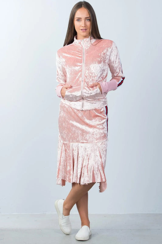 Pink Velvet Side Stripe Skirt And Sweater Set / 2-2-2 - Tasha Apparel Wholesale