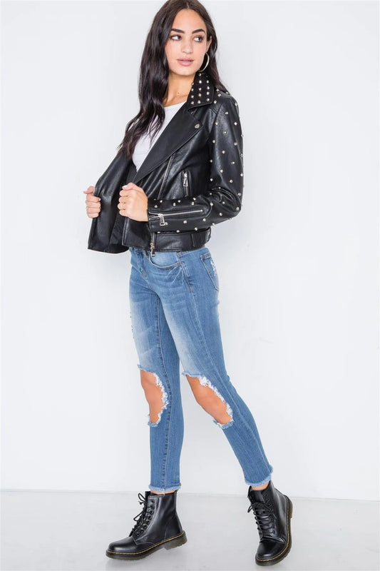 Black Studded Skull Patch Faux Leather Jacket /2-1-1 - Tasha Apparel Wholesale
