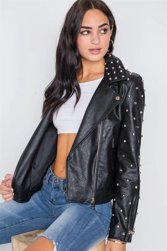 Black Studded Skull Patch Faux Leather Jacket /2-2-2 - Tasha Apparel Wholesale