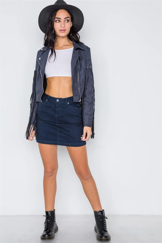 Blue Fringe Studded Faux Suede Moto Jacket /2-3 - Tasha Apparel Wholesale