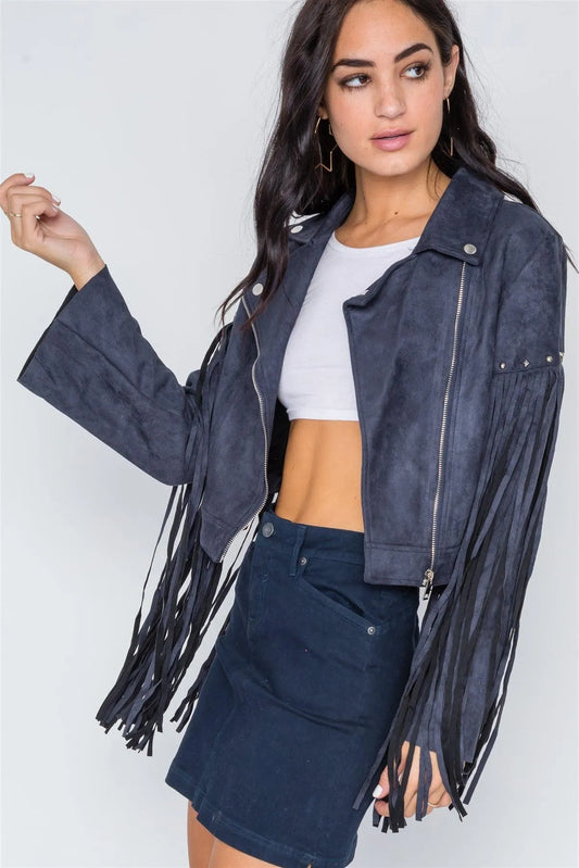 Blue Fringe Studded Faux Suede Moto Jacket /2-2-2 - Tasha Apparel Wholesale