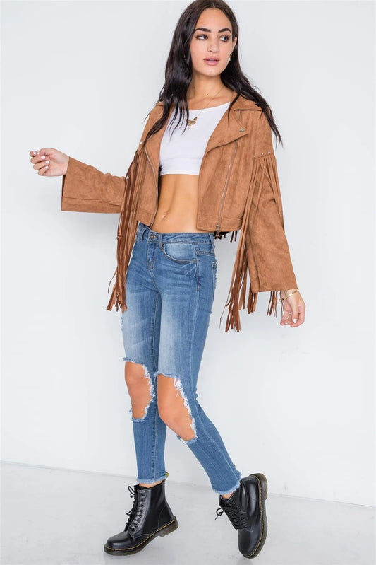 Camel Fringe Studded Faux Suede Moto Jacket /2-3 - Tasha Apparel Wholesale
