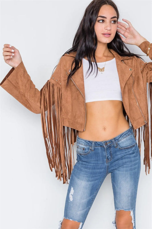 Camel Fringe Studded Faux Suede Moto Jacket /1-2-3 - Tasha Apparel Wholesale