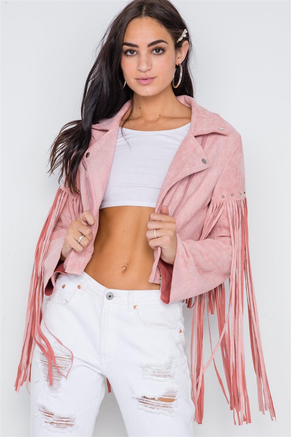 Pink Fringe Studded Faux Suede Moto Jacket