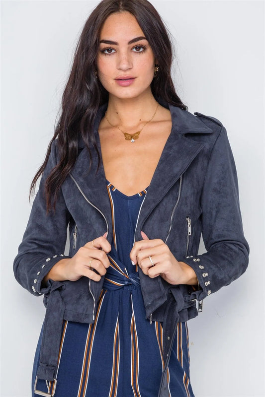 Blue Studded Embroidery Faux Suede Moto Jacket /2-2-2 - Tasha Apparel Wholesale