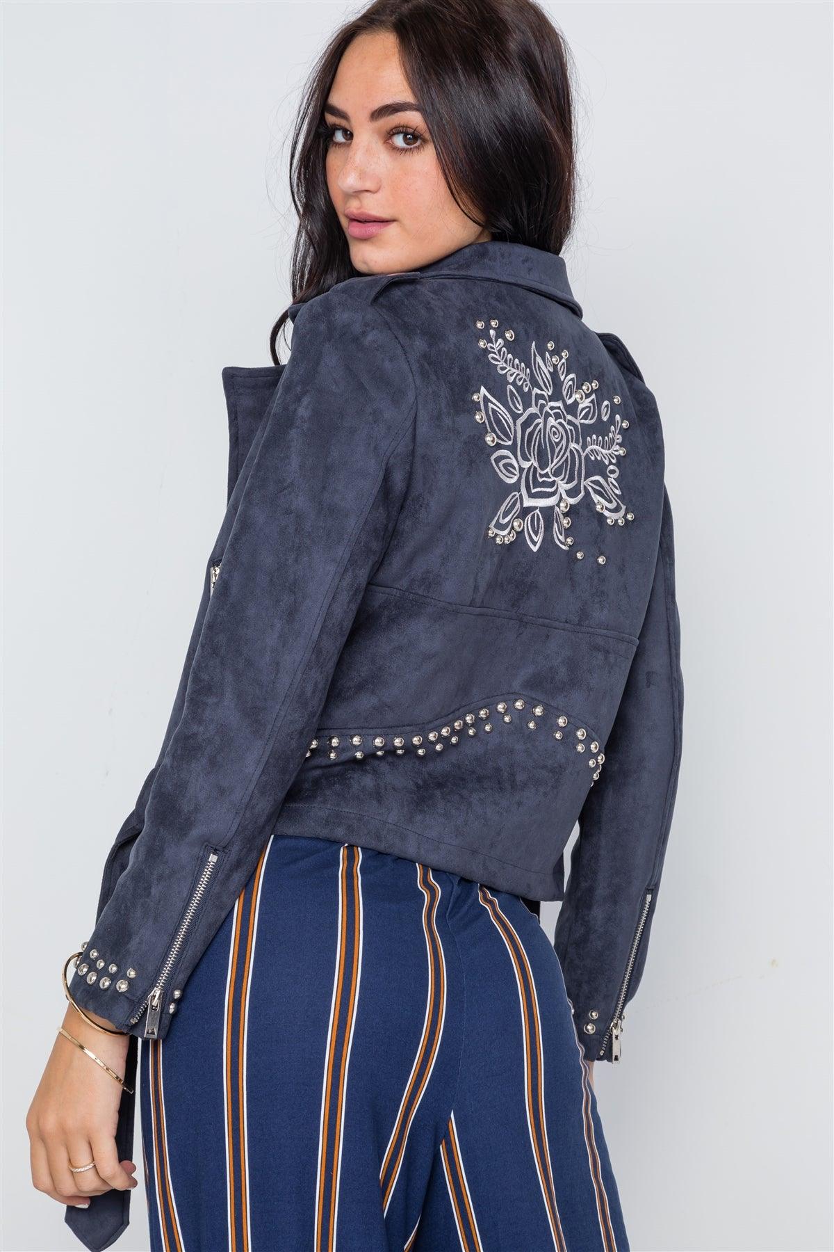 Blue Studded Embroidery Faux Suede Moto Jacket