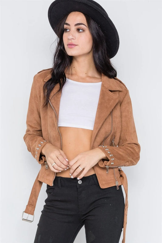 Camel Studded Embroidery Faux Suede Moto Jacket /2-2-2 - Tasha Apparel Wholesale