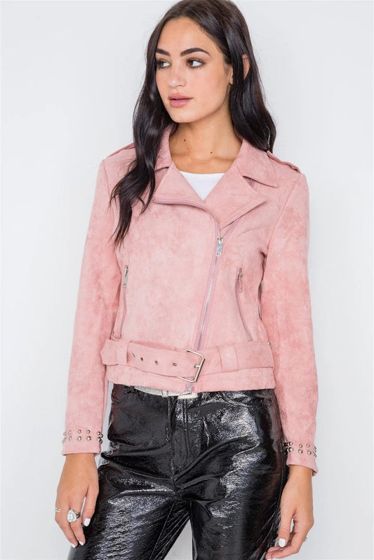 Pink Studded Embroidery Faux Suede Moto Jacket /2-1-2 - Tasha Apparel Wholesale