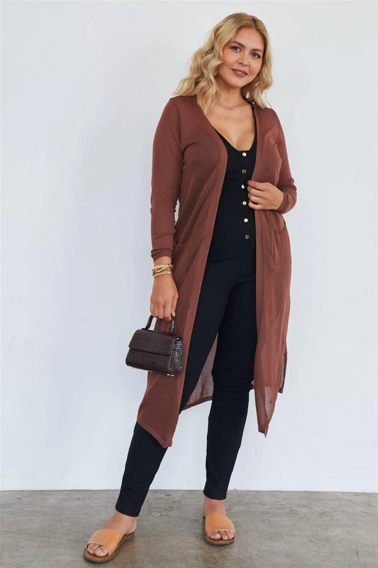 Junior Plus Brown Floor Length Cardigan /2-2-2 - Tasha Apparel Wholesale